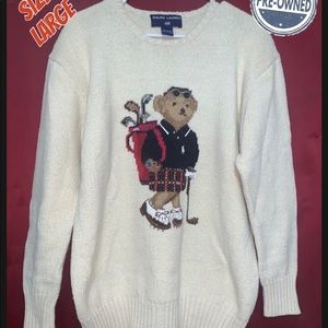 Vintage POLO RALPH LAUREN Cream Crewneck GOLF BEAR Sweater L Large RARE